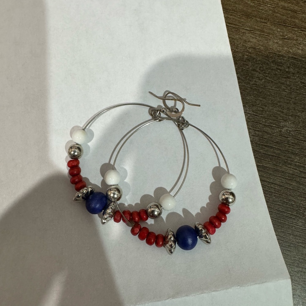 Elegant Silver and Red Beaded Hoop Earrings